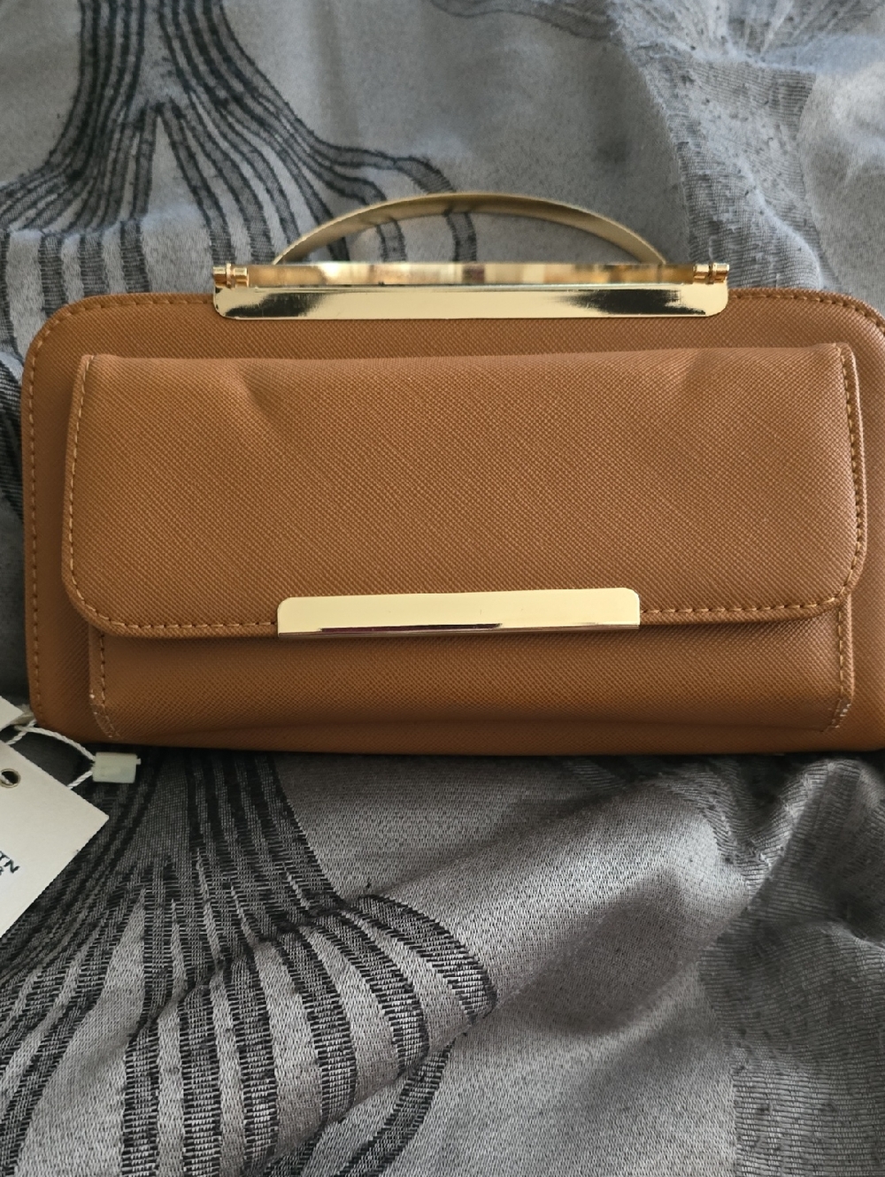 Structured Tan Crossbody Wallet with Gold Accent